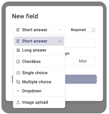 Knowby form field options: short answer, long answer, checkbox, single and multiple choice, dropdown and image upload