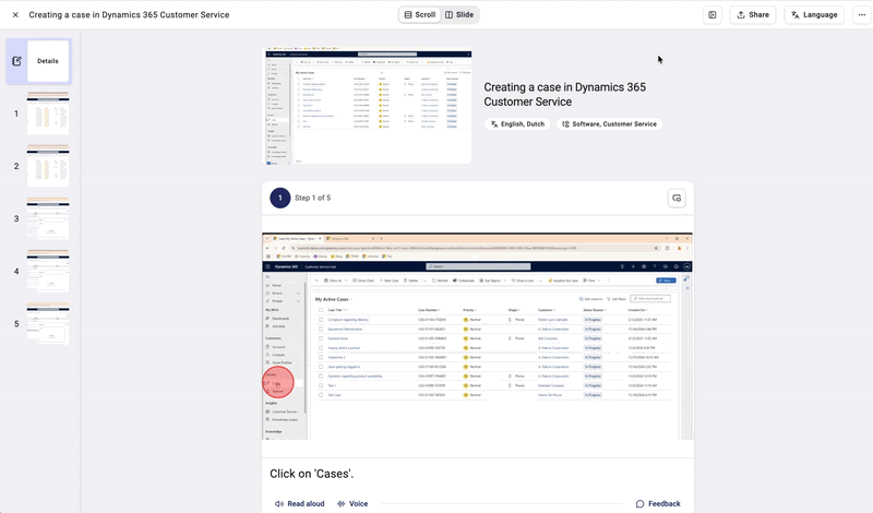 Knowby digital work instruction showing how to create a service case in Dynamics 365 Customer Service