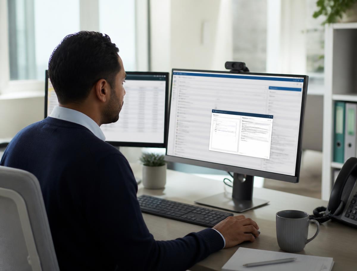 Office employee following a software how-to guide on a desktop screen
