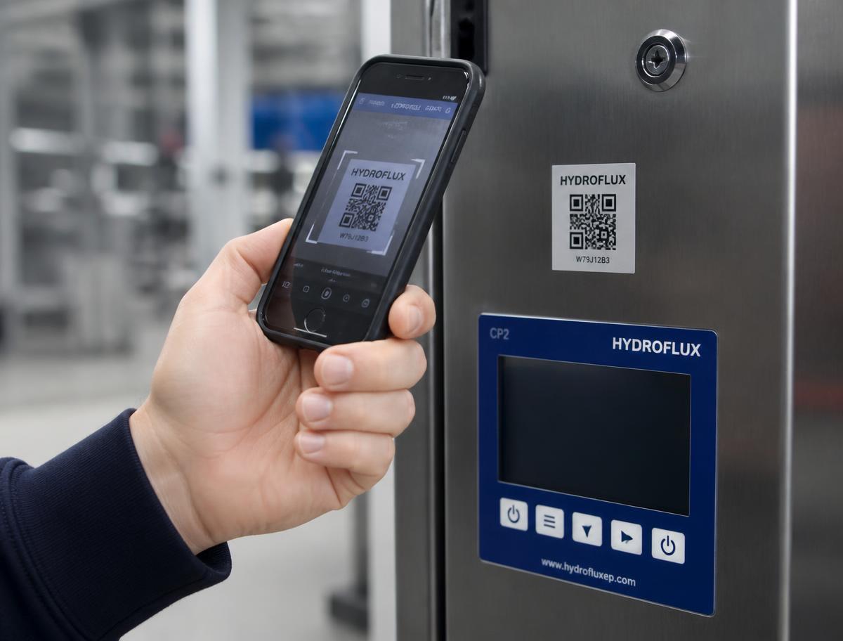 Employee scanning a QR code on a machine panel to open a digital work instruction